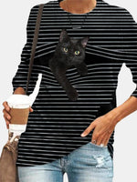 Stripe & Cat Print Long Sleeve Round Neck Slight Stretch T-shirt