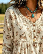 Women Floral Vintage Blouse V Neck Three Quarter Sleeve Top