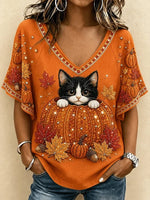 Casual Cat V Neck Short Sleeve T-shirt
