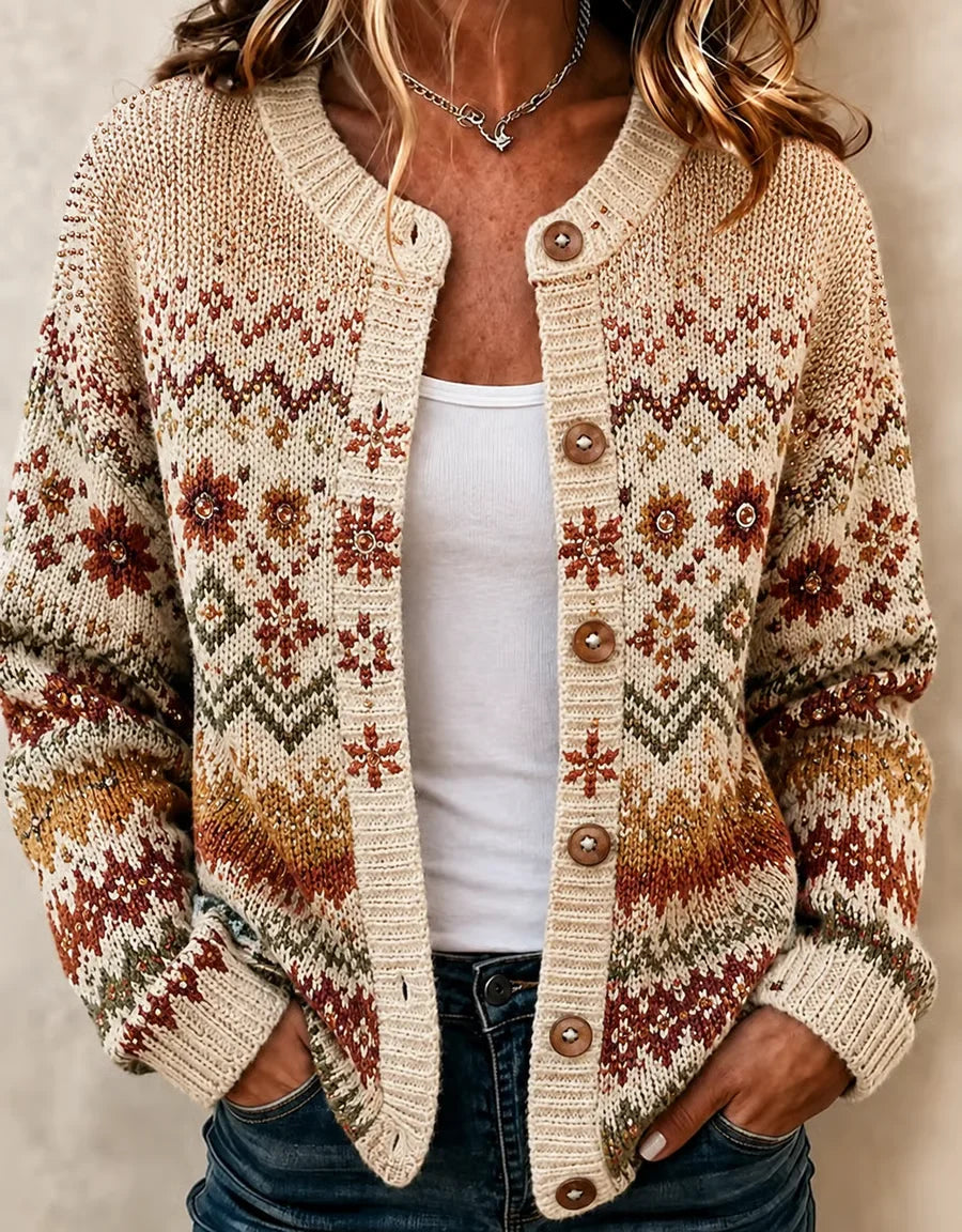 Women Casual Abstract Long Sleeve Comfy Vintage Printing Cardigan