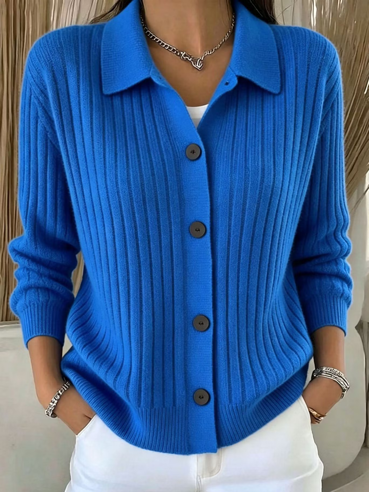 Elegant Abstract Stripes Shawl Collar Regular Fit Casual Knit Top