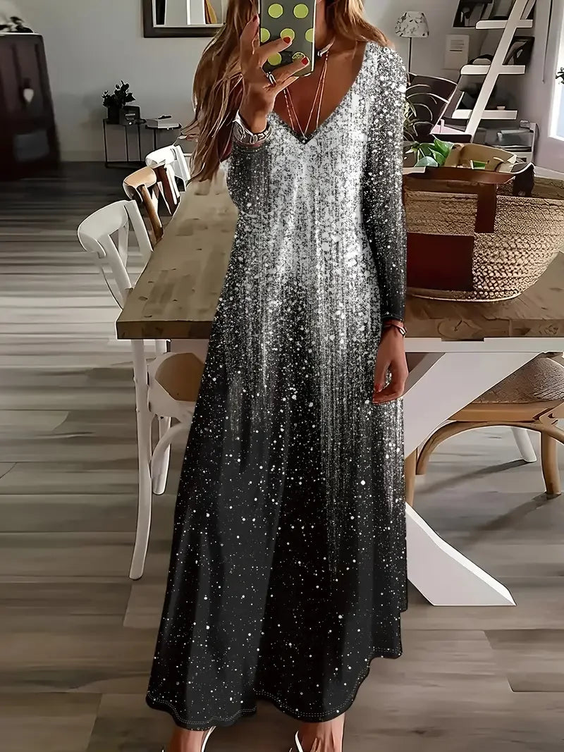 Women Casual Abstract Spring/Fall Printing Dress V Neck Long Sleeve H-Line Dress