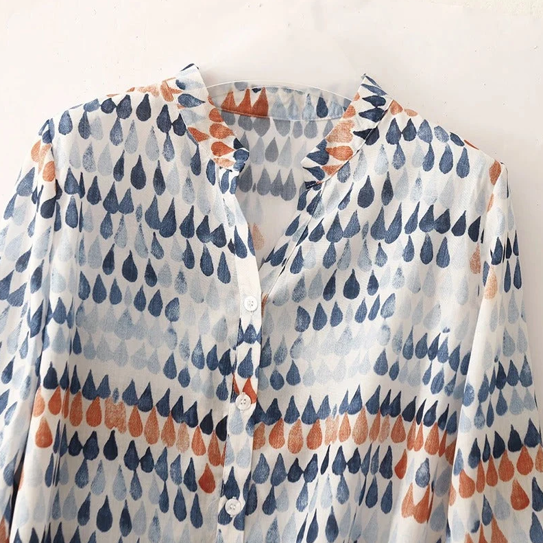 Women's Printed Linen Relaxed Raindrop-Print Blouse