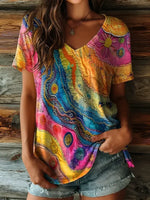 Women's Colored Textures Art Prints V Neck T-shirt
