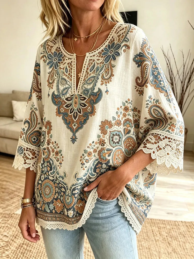 Women's Casual Tribal Crochet Cutout Blouse
