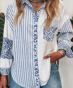 Striped Patchwork Button Down Shirt with Leopard Print Details