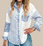Striped Patchwork Button Down Shirt with Leopard Print Details