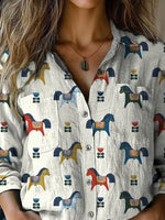 Petite Horse Repeat Pattern Printed Women's Casual Long Sleeve Comfortable Shirt