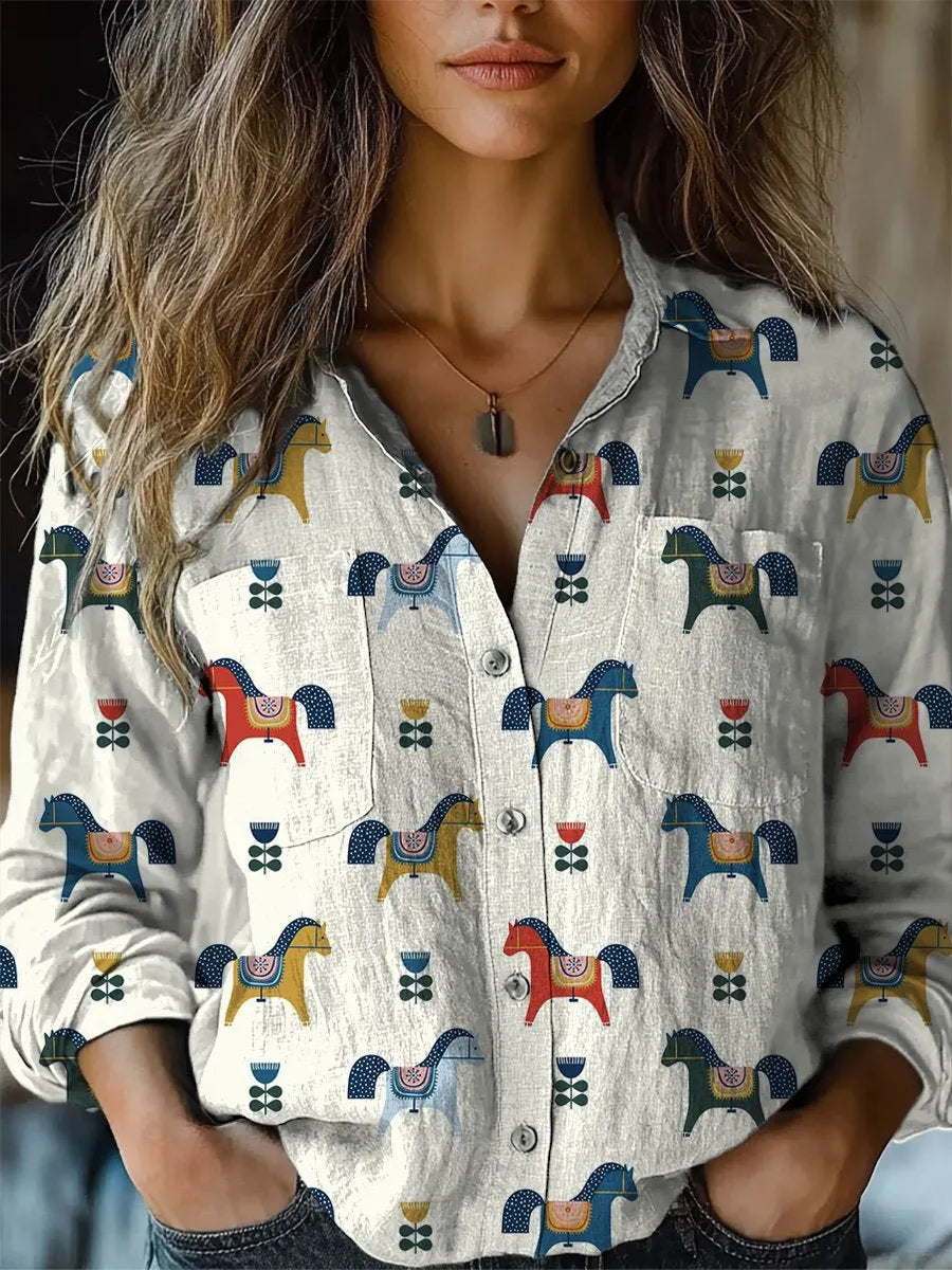 Petite Horse Repeat Pattern Printed Women's Casual Long Sleeve Comfortable Shirt