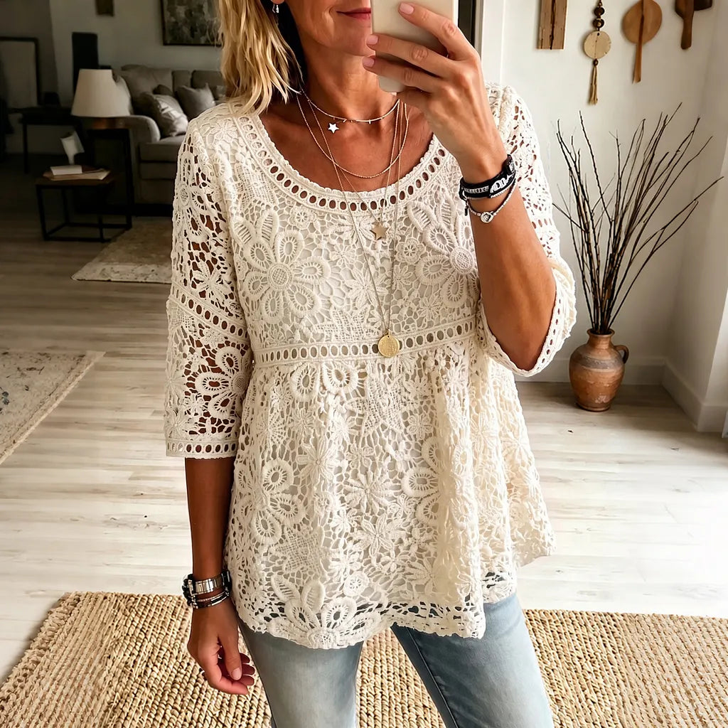 Women's Vintage Lace Pattern Art Flowy Three-quarter Sleeve Casual Tops