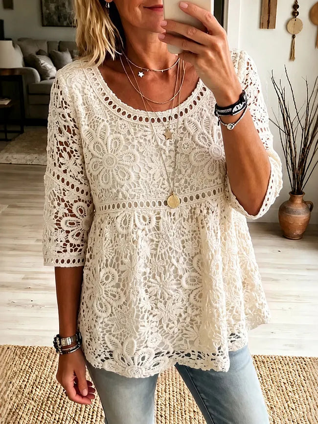 Women's Vintage Lace Pattern Art Flowy Three-quarter Sleeve Casual Tops