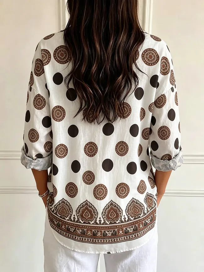 Women's Vintage-style Long-sleeve Casual Shirt With Totem And Polka Dot Print