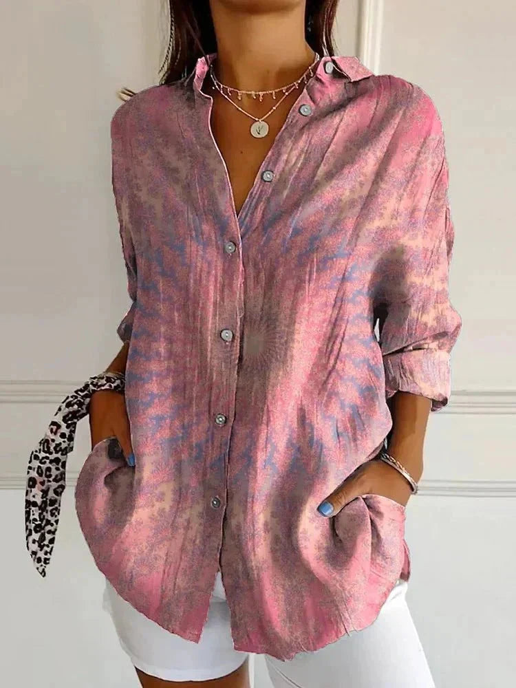 Casual Artful Mosaic Button Long Sleeve Blouse