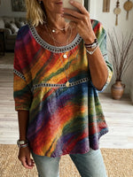 Retro Tie-dye Art Print Casual Round Neck Hollowed-out Top