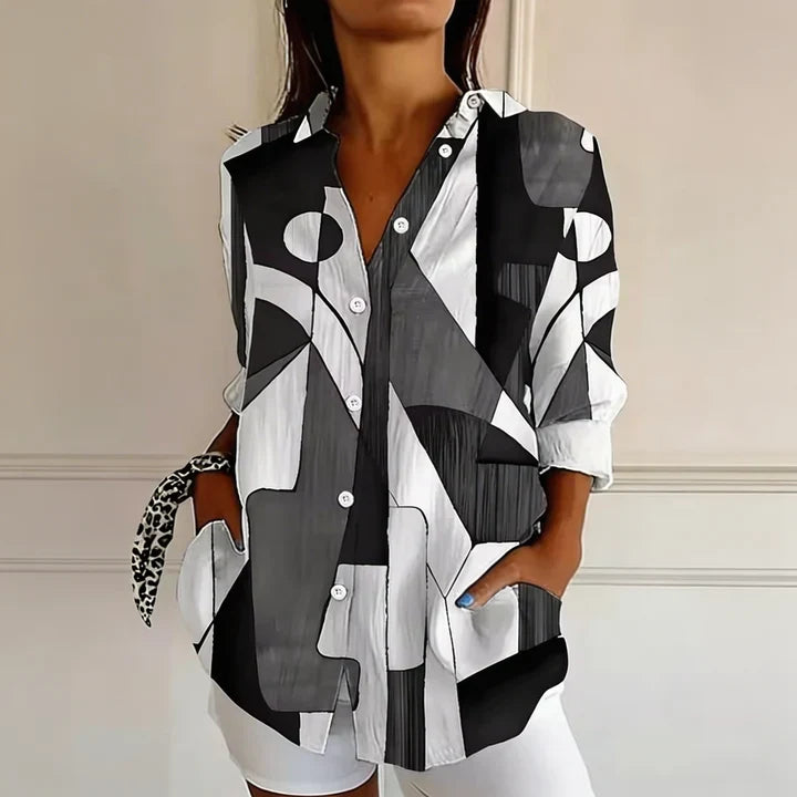 Casual Abstract Geometric Color Block Long Sleeve Shirt