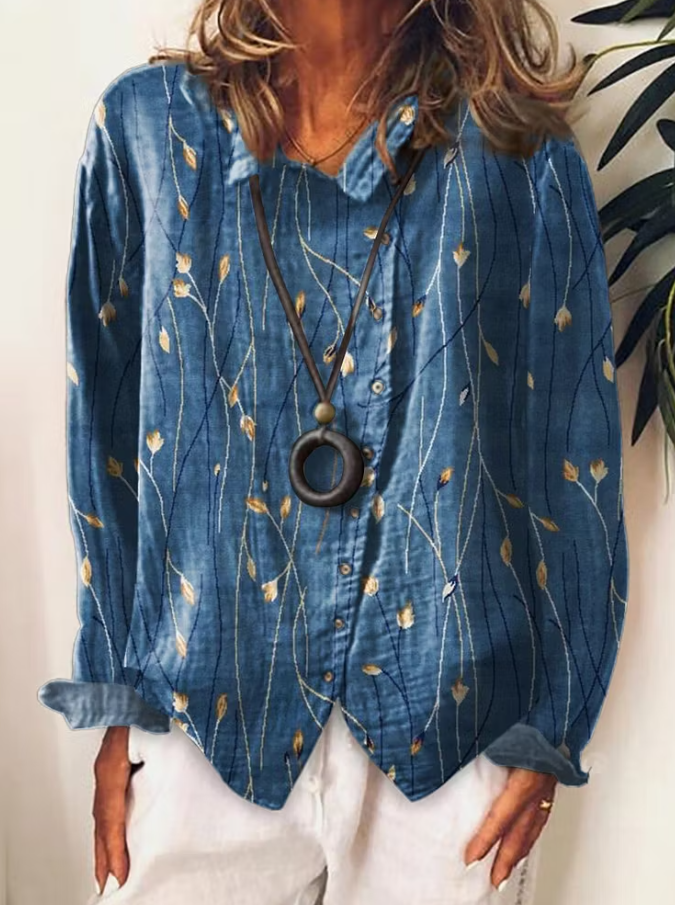 Women's Flower Art Print Cotton And Linen Casual Long Sleeve Shirt