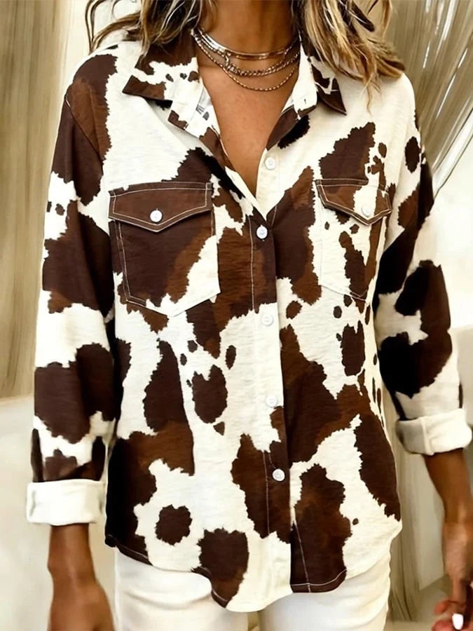 Women's Casual Collared Color Block Print Shirt