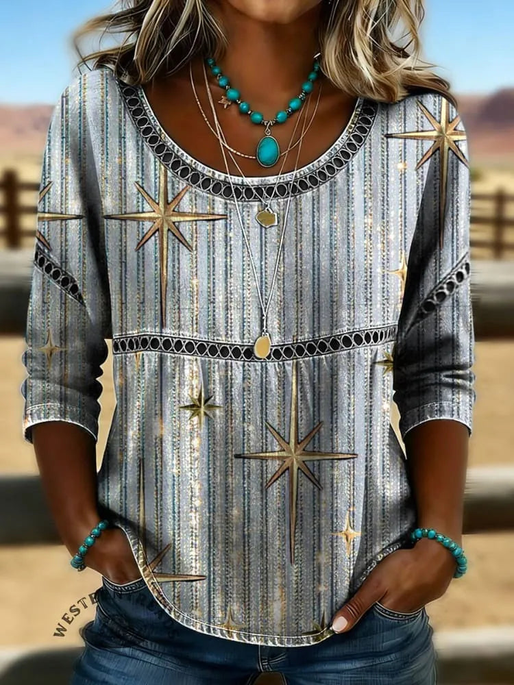 Women's Vintage Print Casual Hollow Denim Shirt