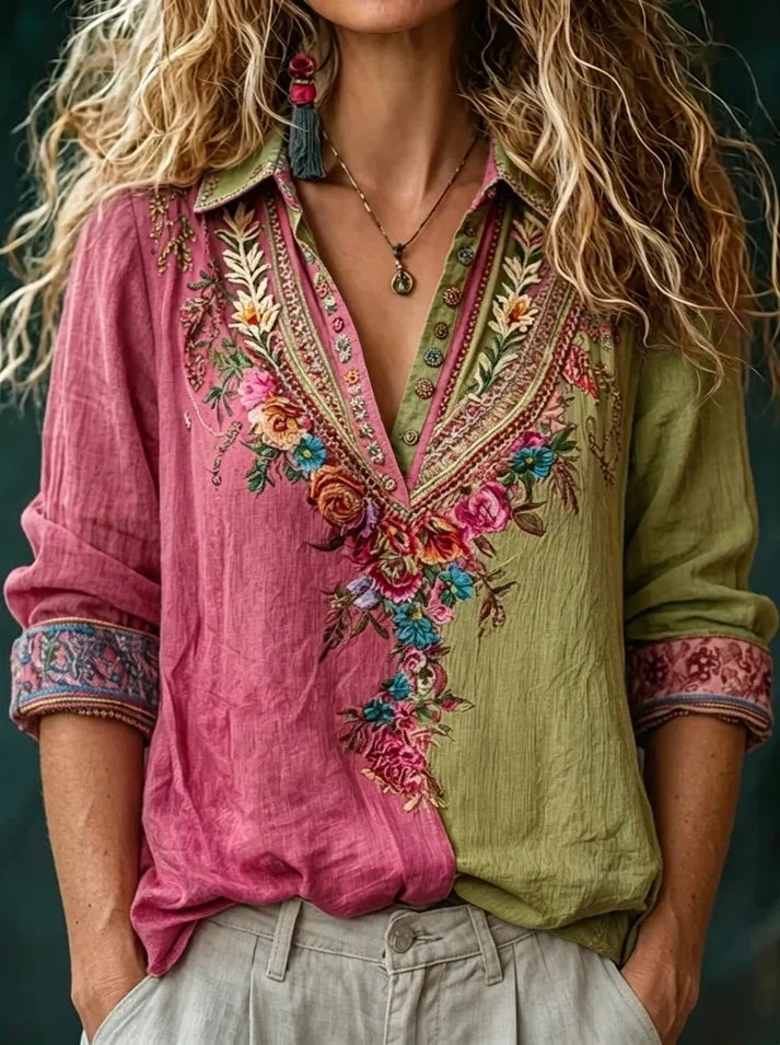 Pink Green Color Block Heavy Floral Embroidery Collar 3/4 Sleeve Linen Shirt