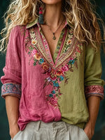 Pink Green Color Block Heavy Floral Embroidery Collar 3/4 Sleeve Linen Shirt
