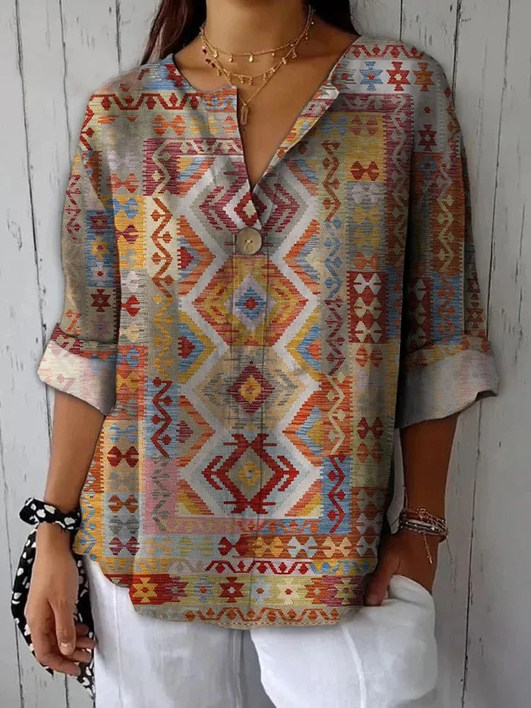 Women's Retro Style Printed Cotton And Linen Three-Quarter Sleeves Bohemia Casual Shirts