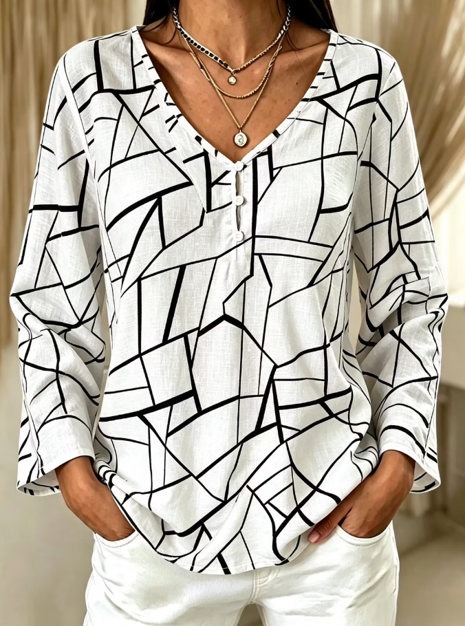 Women Abstract Long Sleeve Tee T-shirt V Neck Casual Spring/Fall Top