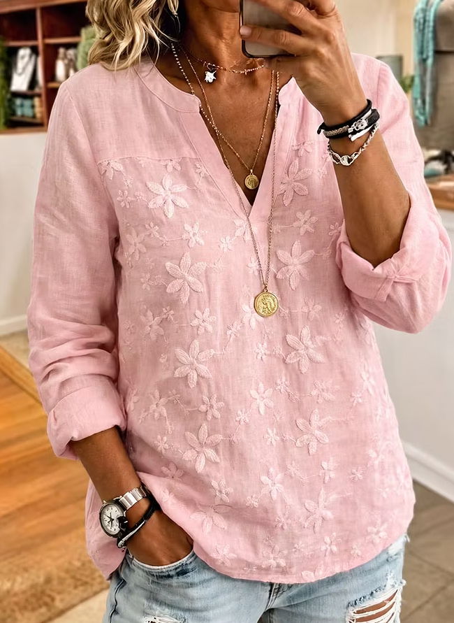 Women'S Pink Multi-Color Lace Embroidered Long Sleeve Shirt