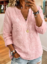 Women'S Pink Multi-Color Lace Embroidered Long Sleeve Shirt