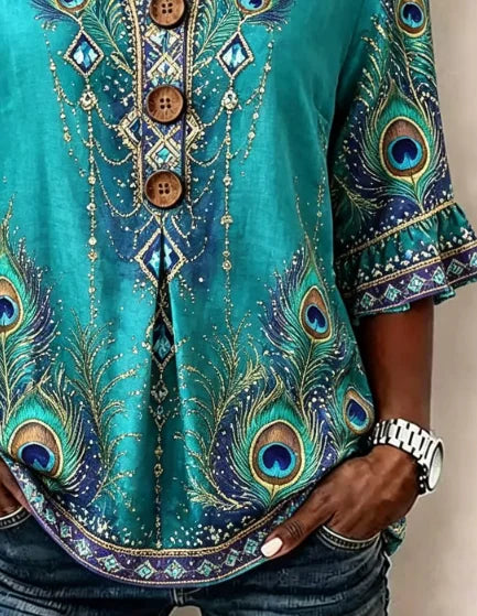 Women Floral Casual Blouse V Neck Half Sleeve Top