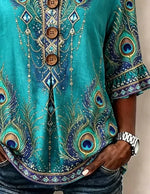Women Floral Casual Blouse V Neck Half Sleeve Top