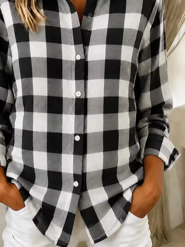 Women Plaid Casual Simple Shirt Shirt Collar Long Sleeve Buckle Top