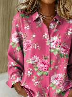 Shirt Collar Long Sleeve Floral Buckle Regular Loose Button Up Shirt Shirt For Women