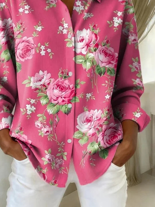 Shirt Collar Long Sleeve Floral Buckle Regular Loose Button Up Shirt Shirt For Women