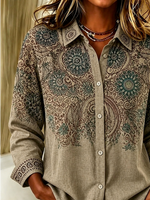 Women Floral Casual Shirt Shirt Collar Long Sleeve Buckle Top