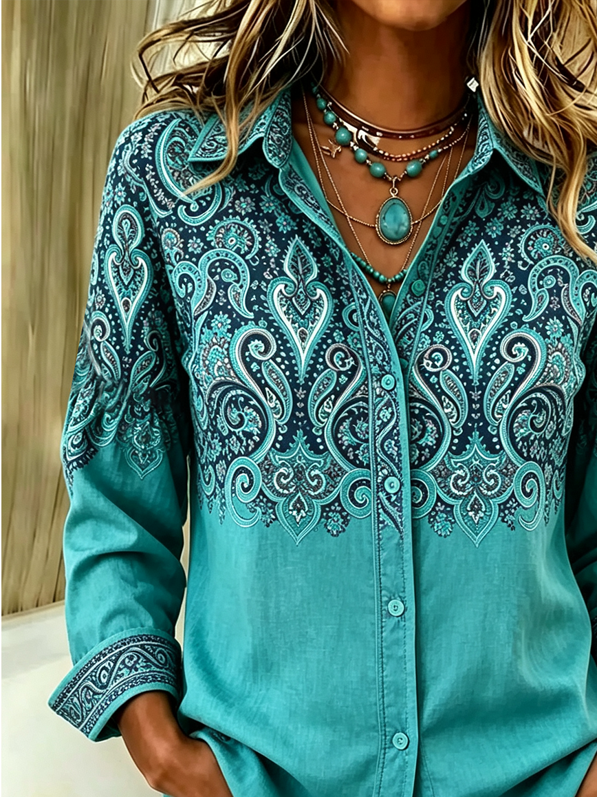 Women Ethnic Casual Shirt Shirt Collar Long Sleeve Buckle Top