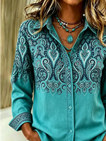 Women Ethnic Casual Shirt Shirt Collar Long Sleeve Buckle Top