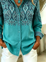 Women Ethnic Casual Shirt Shirt Collar Long Sleeve Buckle Top