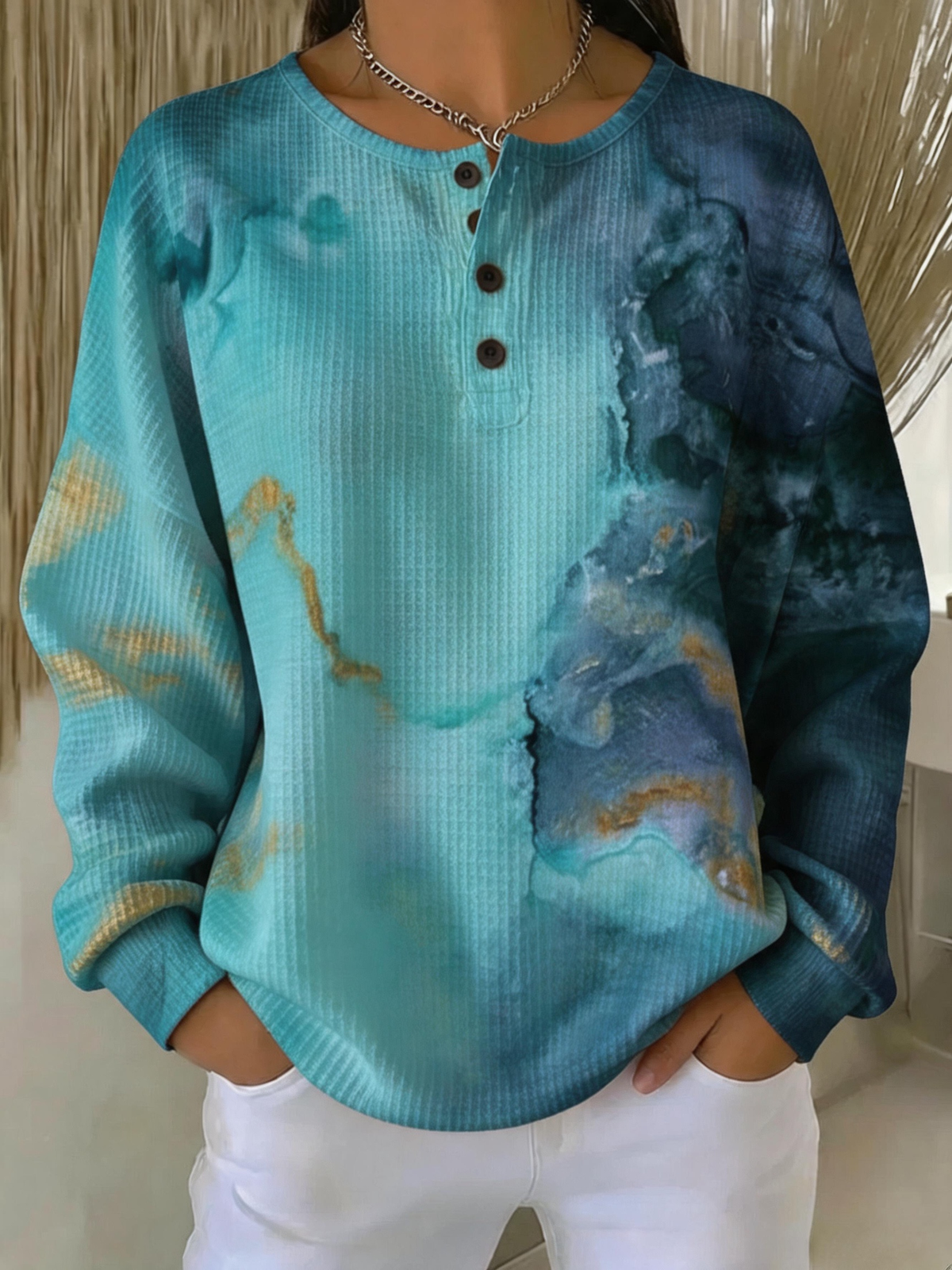 Casual Abstract Henley Collar Long Sleeve Sweatshirt