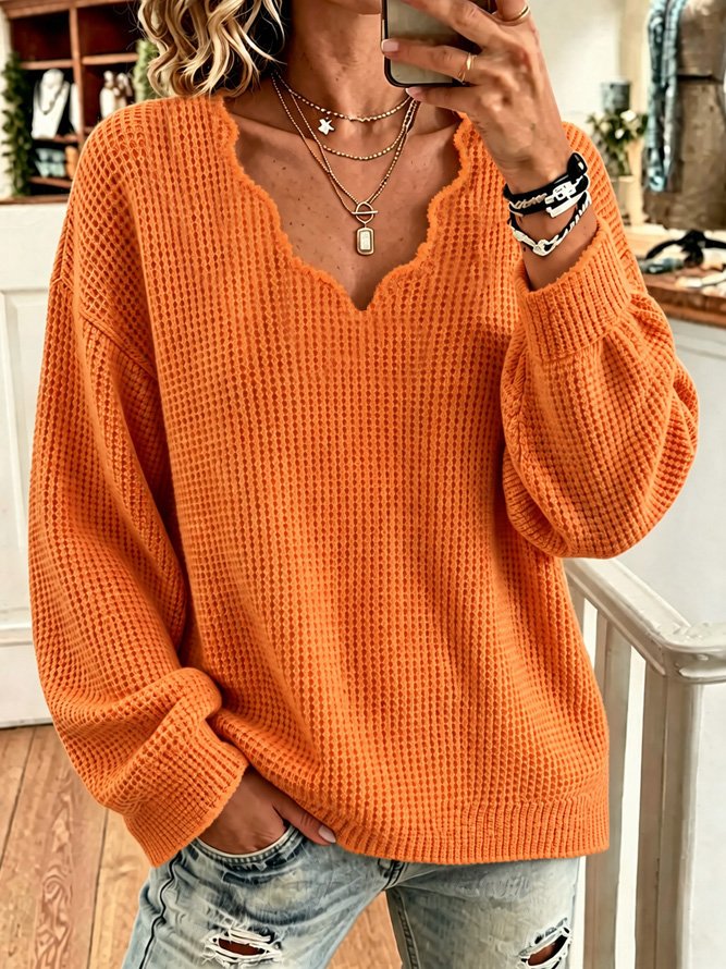 Casual Plain V Neck Long Sleeve Sweatshirt