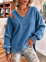 Casual Simple Plain V Neck Long Sleeve Sweatshirt