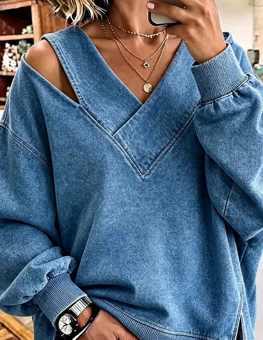 Casual Simple Plain V Neck Long Sleeve Sweatshirt