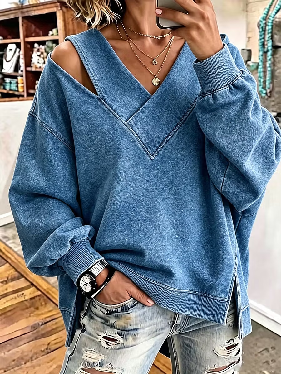 Casual Simple Plain V Neck Long Sleeve Sweatshirt