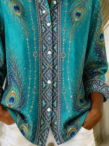Women Geometric Casual Shirt Shirt Collar Long Sleeve Printing Top