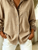 Women Leopard Casual Shirt Shirt Collar Long Sleeve Buckle Top