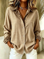 Women Leopard Casual Shirt Shirt Collar Long Sleeve Buckle Top