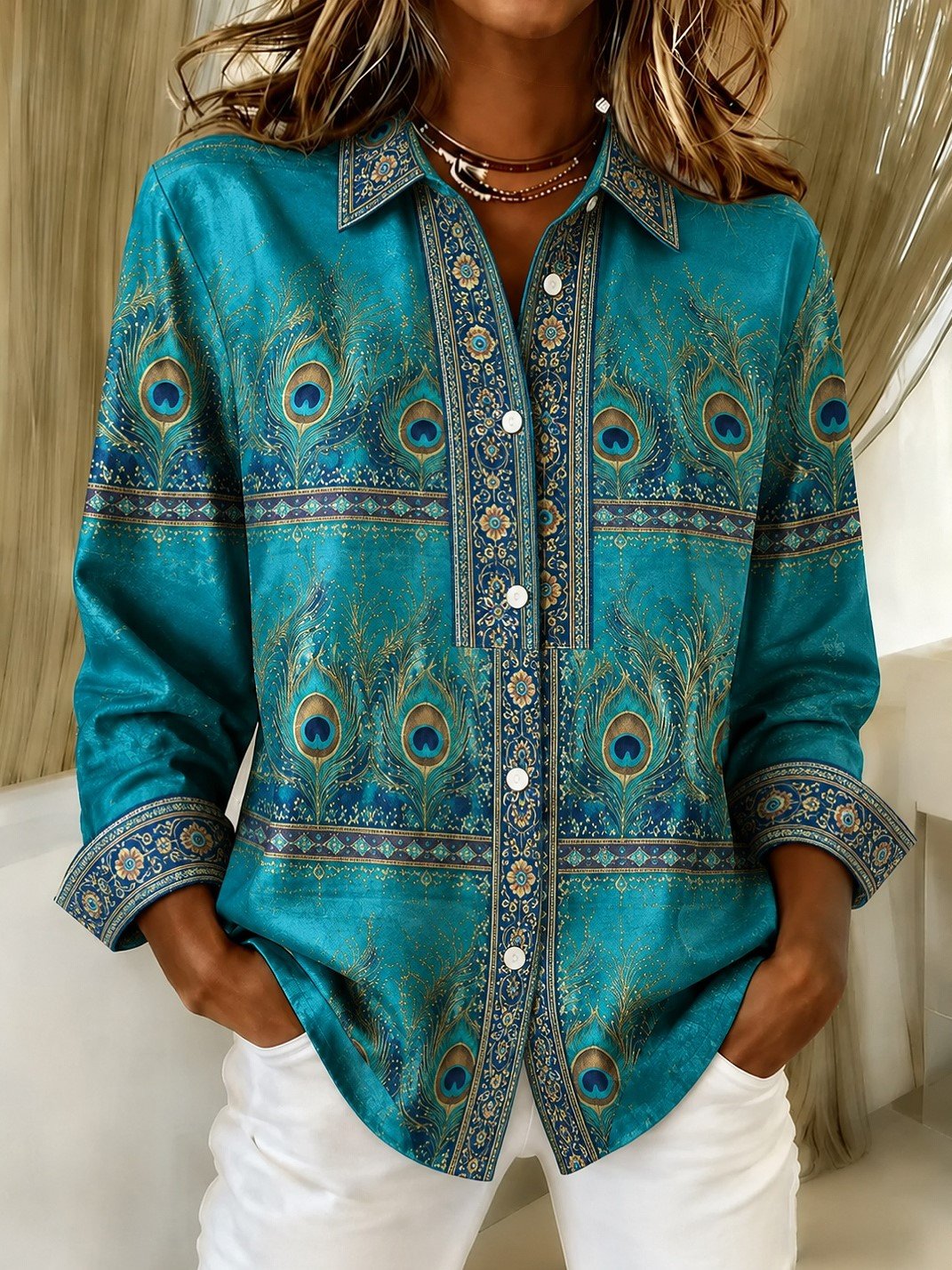 Women Floral Vintage Casual Shirt Shirt Collar Long Sleeve Printing Top