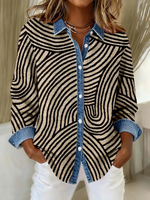 Women Abstract Casual Shirt Shirt Collar Long Sleeve Buckle Top
