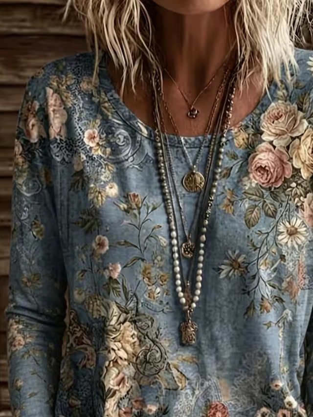 Casual Floral Crew Neck Long Sleeve T-shirt