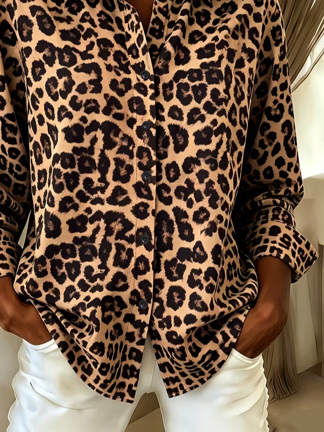 Women Leopard Casual Shirt Shirt Collar Long Sleeve Buckle Top