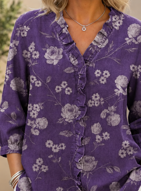 Women Floral Vintage Shirt Shirt Collar Long Sleeve Printing Top
